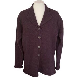 Kerry Woollen Mills Made in Ireland Wool Cardigan Burton Down Eggplant Sz S